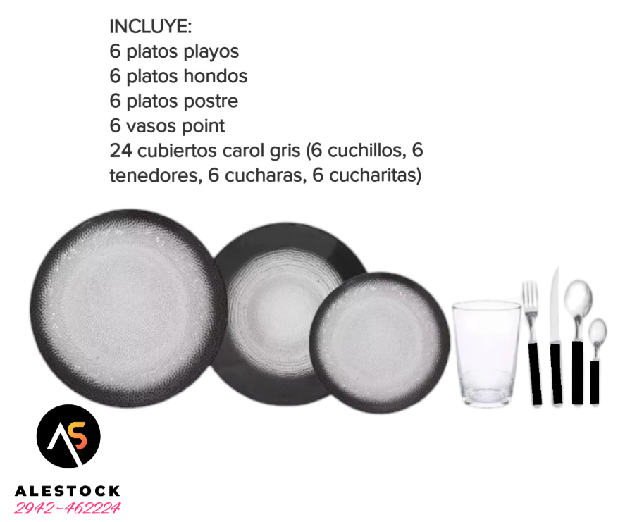 Set X48 Vajilla Forjado Negro Durax Vasos Cubiertos Carol